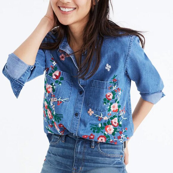 Madewell Blue Floral Embroidered Cutoff Chambray Denim Shirt Size S - Picture 1 of 5